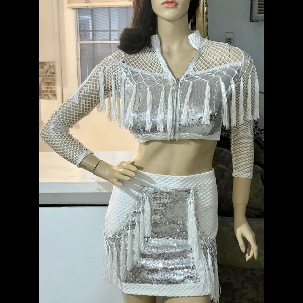 White sequenced jacket and skirt set, accented with fringe tassels, new